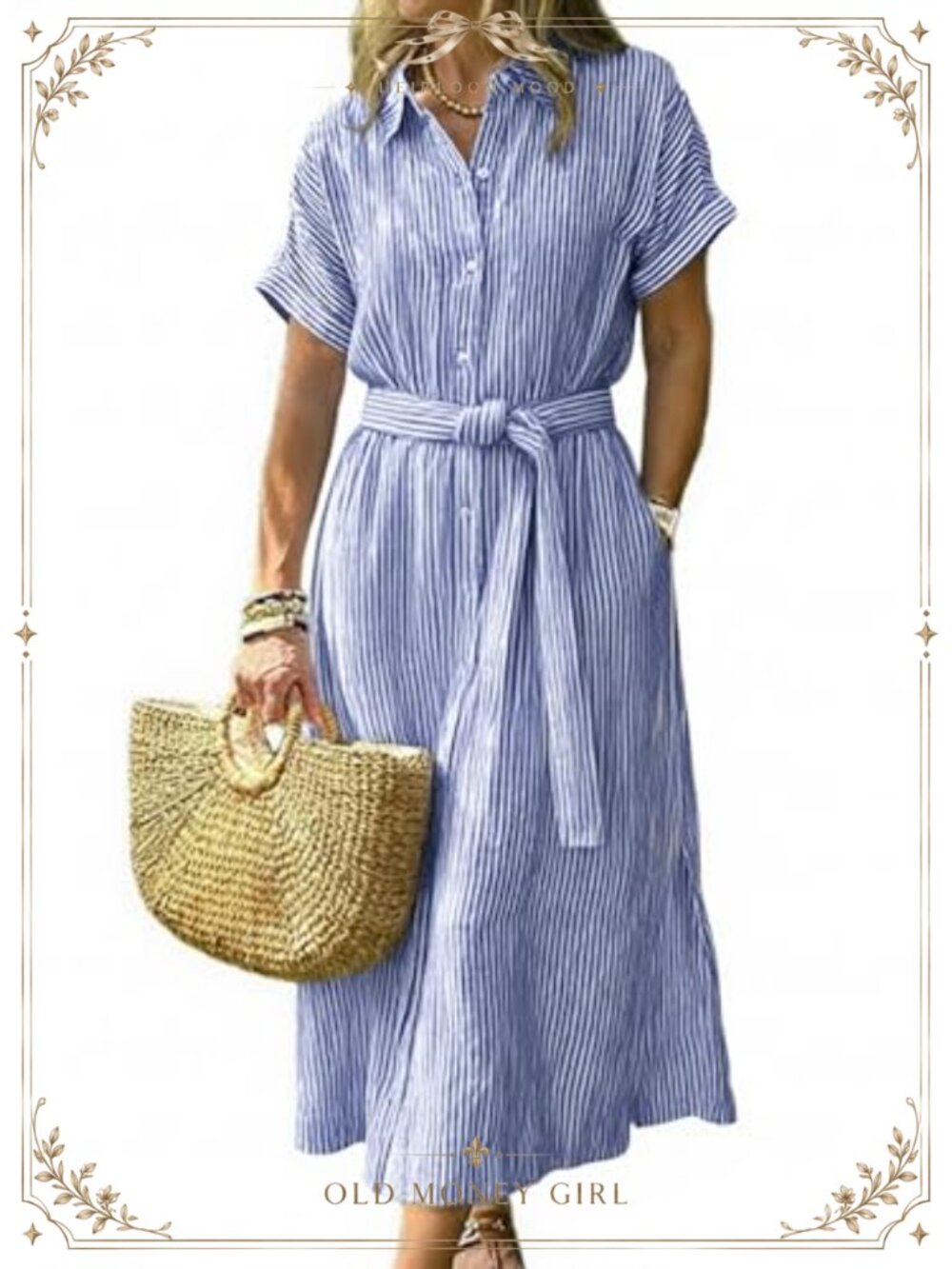 Women's Boho Striped Button Down Shirt Midi Dress Belted Cotton Short Sleeve
